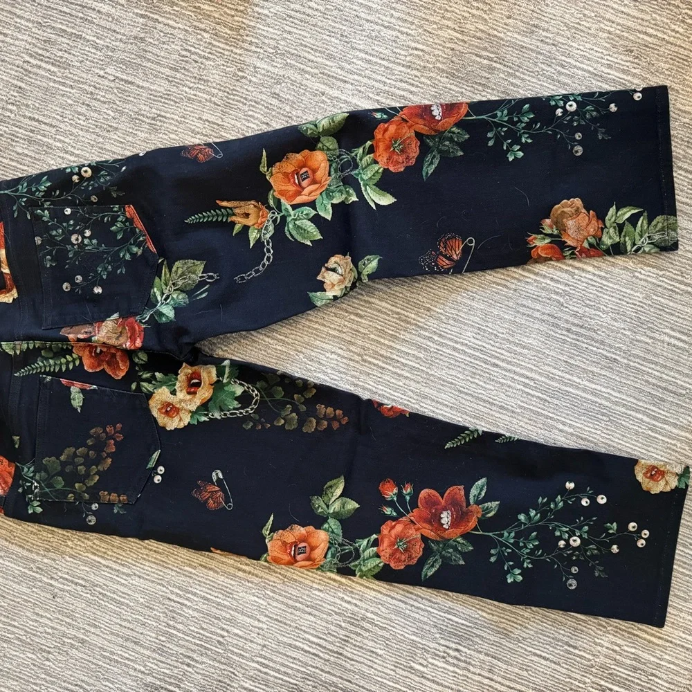 R13 Black Jean with Fun Multicolor Floral Print - Picture 4 of 13